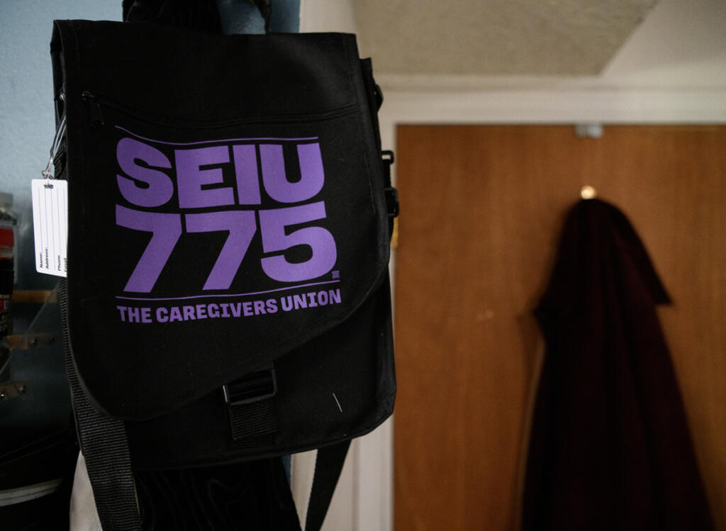 A tote bag hangs Tuesday at home care aide Vicki Bickford&rsquo;s home in Vancouver. Bickford has dedicated the past 15 years to assisting disabled Clark County residents with such tasks as getting to school, walking, cleaning and eating.