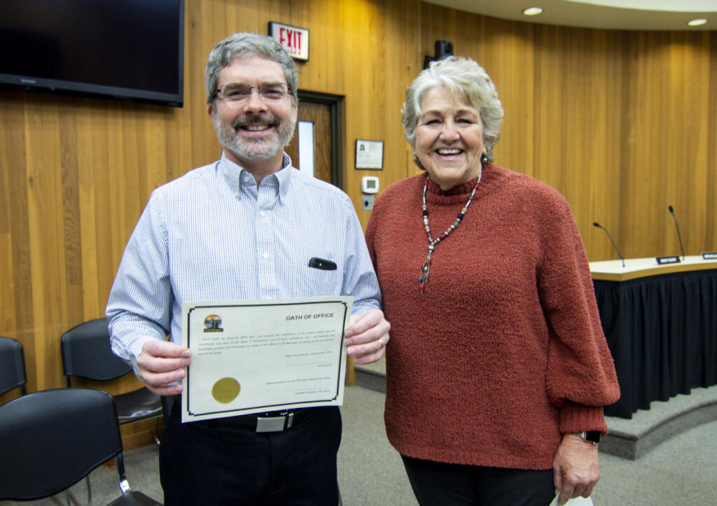 David Scott is sworn in as Washougal&rsquo;s first city manager by former Mayor Molly Coston in November 2018. (Contributed by City of Washougal)