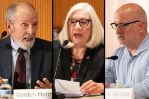 Clark Public Utilities Board of Commissioners candidate Gordon Matthews, from left, Jane Van Dyke, and Kevin Roegner. (Taylor Balkom/The Columbian)