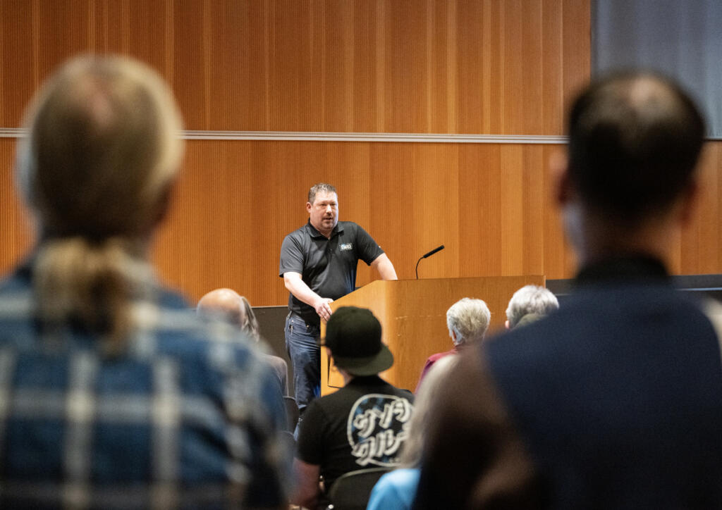 Brent Hennrich, a Democratic candidate for Washington&rsquo;s 3rd Congress-ional District, speaks during a May 3 Q&A session at Vancouver Community Library. (Photos by Taylor Balkom The Columbian)