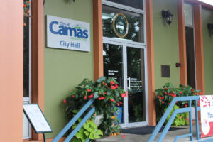 The front of Camas City Hall is pictured in 2018. The Camas City Council will vote in August on whether to draft a proposal to change the city&rsquo;s form of government. (Kelly Moyer/Post-Record files)