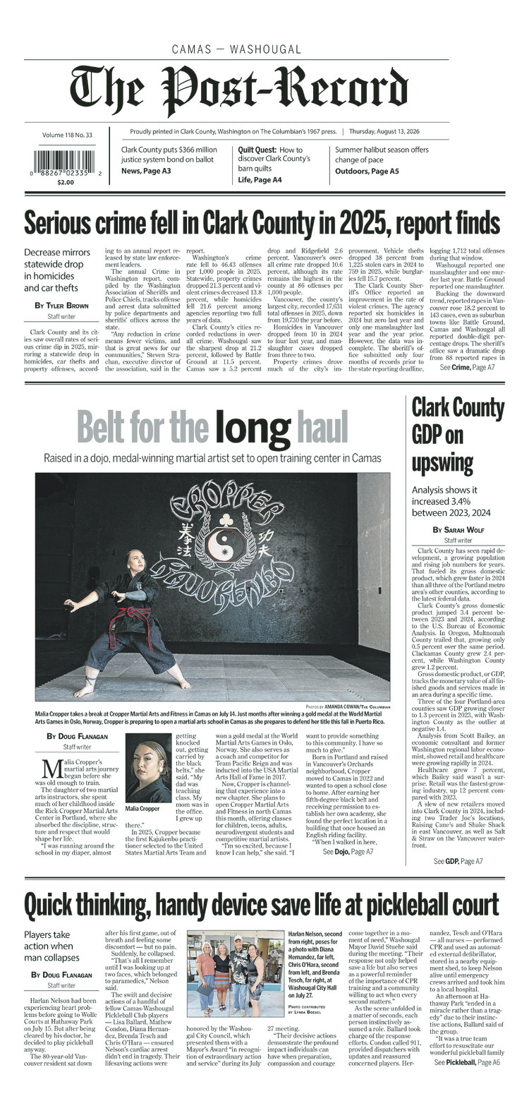 Thursday, Aug. 13th, 2026 Camas-Washougal Post-Record newspaper front page
