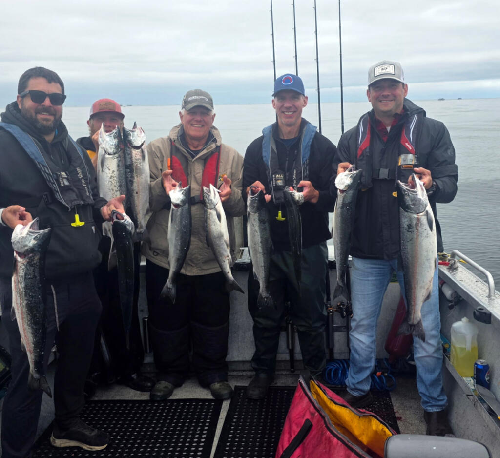 Anglers limited the boat while fishing Buoy 10 with guide Marvin Henkel recently. The ocean has closed for Chinook, and may close soon for coho, but the action in-river is peaking right now. (Photo courtesy of Marvin&iacute;s Guide Service)