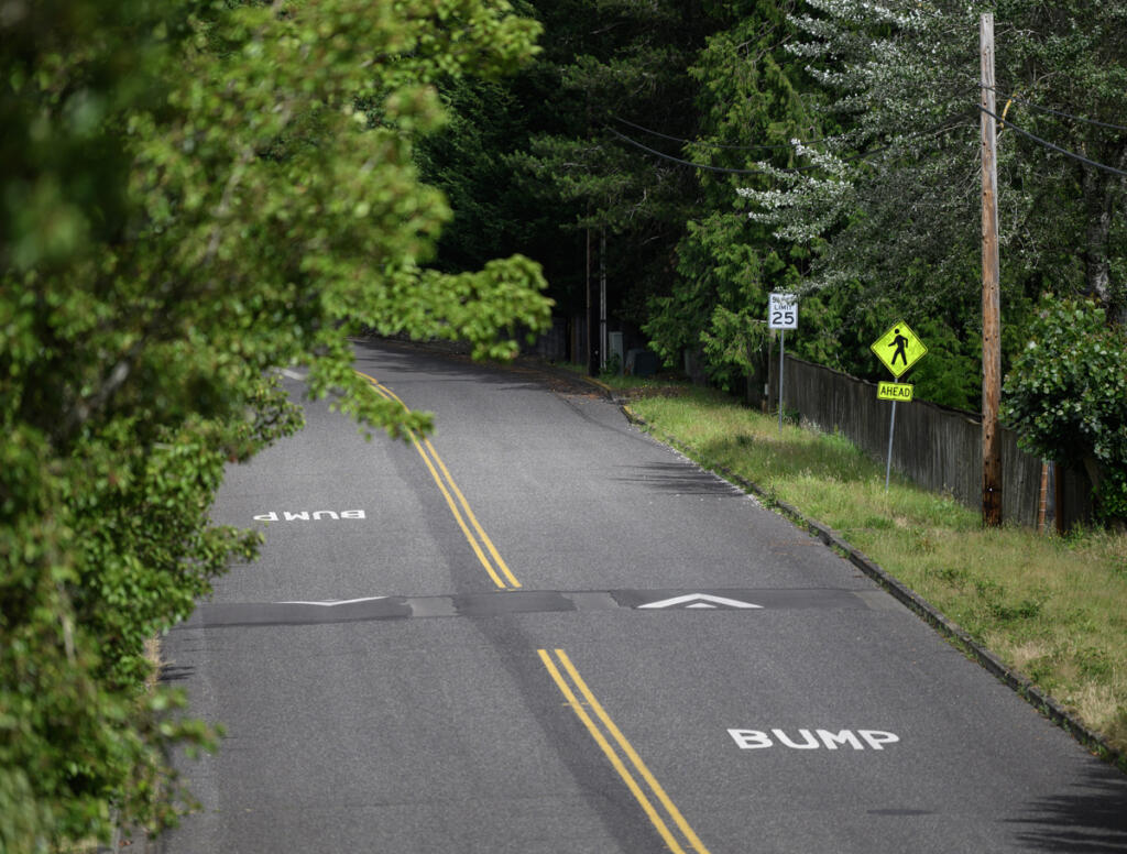 Speed bumps sit at the bottom of a hill along W Street on June 30 in Washougal. Resident Tim Taylor has been fighting to get speeding under control along W Street since 2021. (Taylor Balkom/The Columbian)