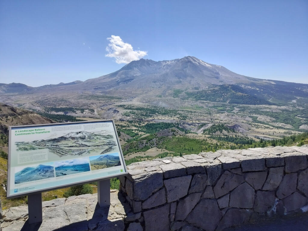 Helpful signs and kiosks at Johnston Ridge tell the story of Mount St. Helens. (Scott Hewitt/The Columbian)