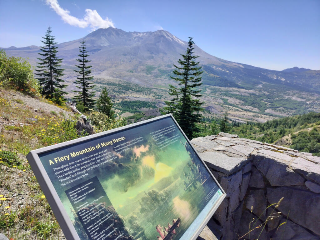 Helpful signs and kiosks at Johnston Ridge tell the story of Mount St. Helens. (Scott Hewitt/The Columbian)