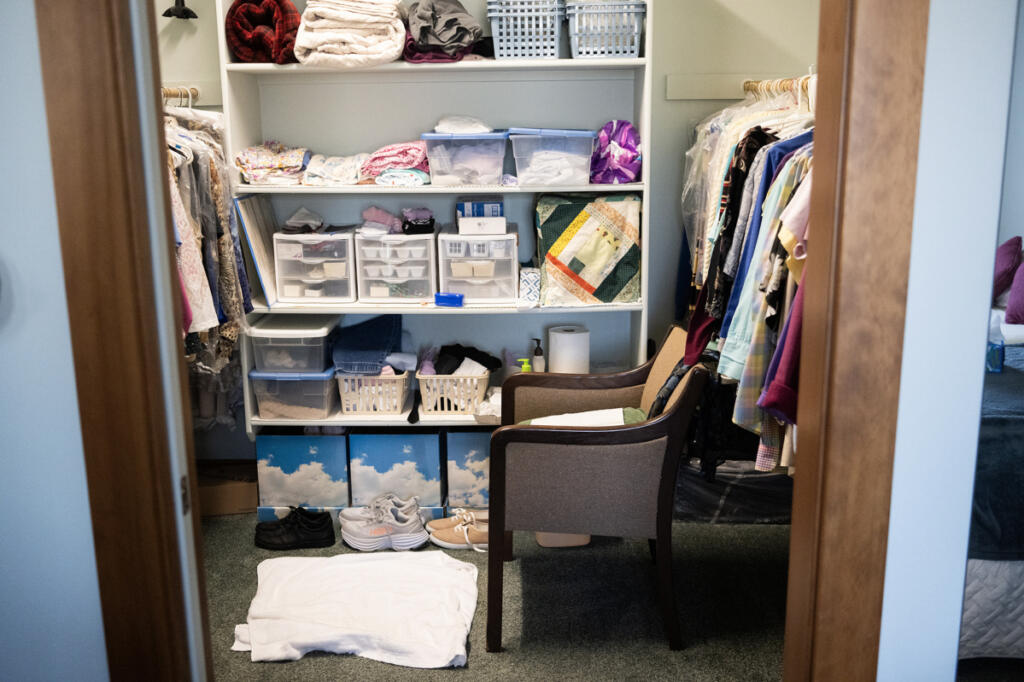 A chair sits in the closet of Betty Tribe&rsquo;s home July 30 in Ridgefield. (Taylor Balkom/The Columbian)
