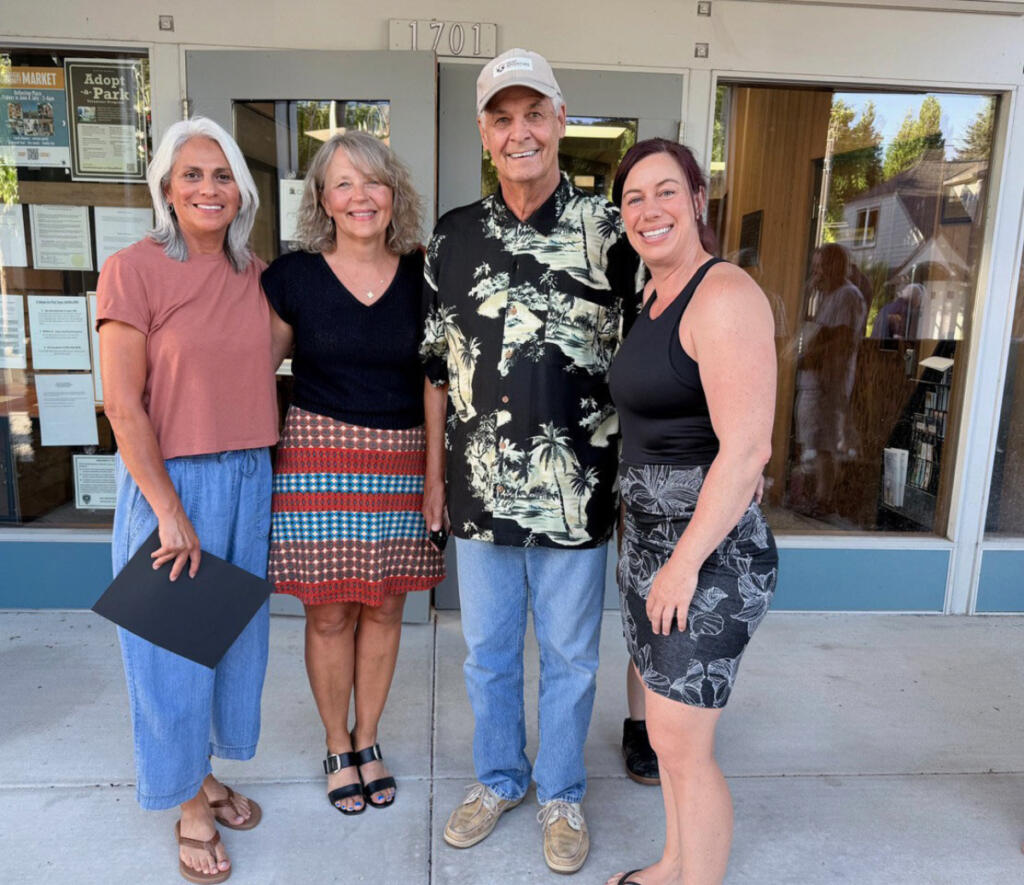 Harlan Nelson, second from right, poses for a photo with Diana Hernandez, far left, Chris O&rsquo;Hara, second from left, and Brenda Tesch, far right, at Washougal City Hall on July 27. (Photo contributed by Lynda Boesel)