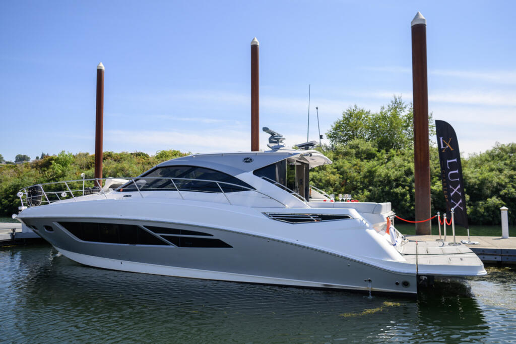 The Lux X Charters yacht Ventidue sits docked Monday at Tidewater Cove Marina. (Taylor Balkom/The Columbian)