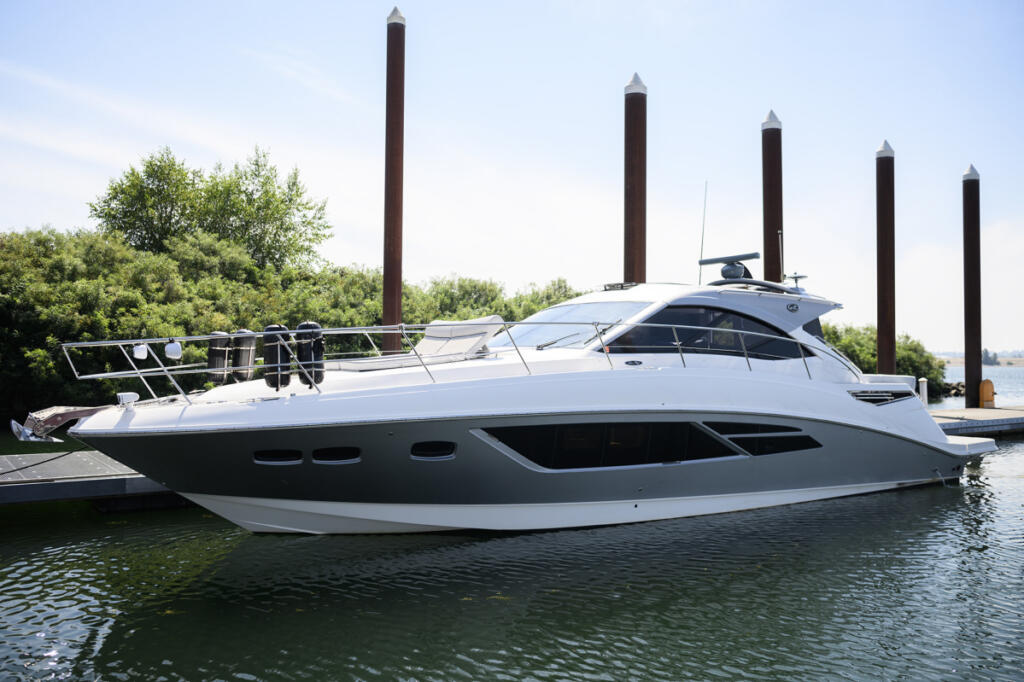 The Lux X Charters yacht Ventidue sits docked Monday at Tidewater Cove Marina in Vancouver. (Taylor Balkom/The Columbian)