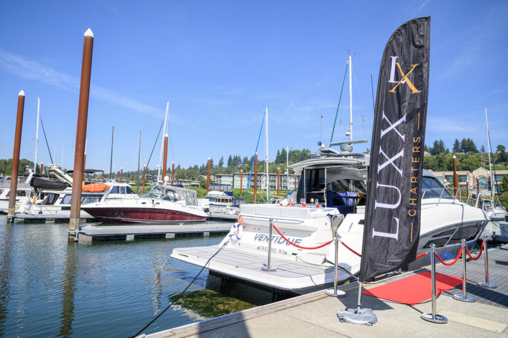 The Lux X Charters yacht Ventidue sits docked Monday, Aug. 17, 2026, at Tidewater Cove Marina. (Taylor Balkom/The Columbian)