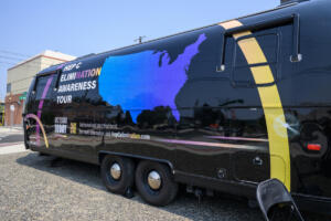A hepatitis C testing trailer sits Aug. 13 during Open House Ministries&rsquo; annual resource fair. (Taylor Balkom/The Columbian)