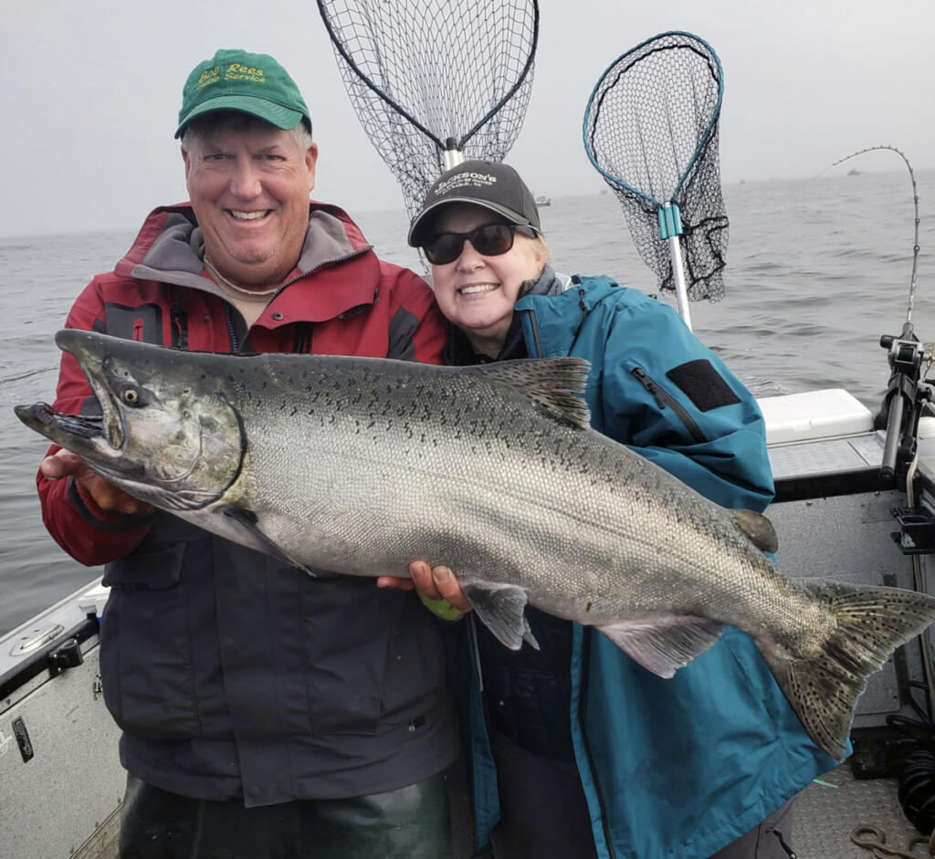 This fine chinook was taken while fishing with guide Bob Rees. Chinook retention in Buoy 10 is almost over, but the hot coho bite will keep Rees in the estuary until the runs are through. (Photo courtesy of Bob Rees)