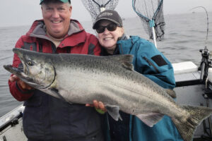 This fine chinook was taken while fishing with guide Bob Rees. Chinook retention in Buoy 10 is almost over, but the hot coho bite will keep Rees in the estuary until the runs are through. (Photo courtesy of Bob Rees)