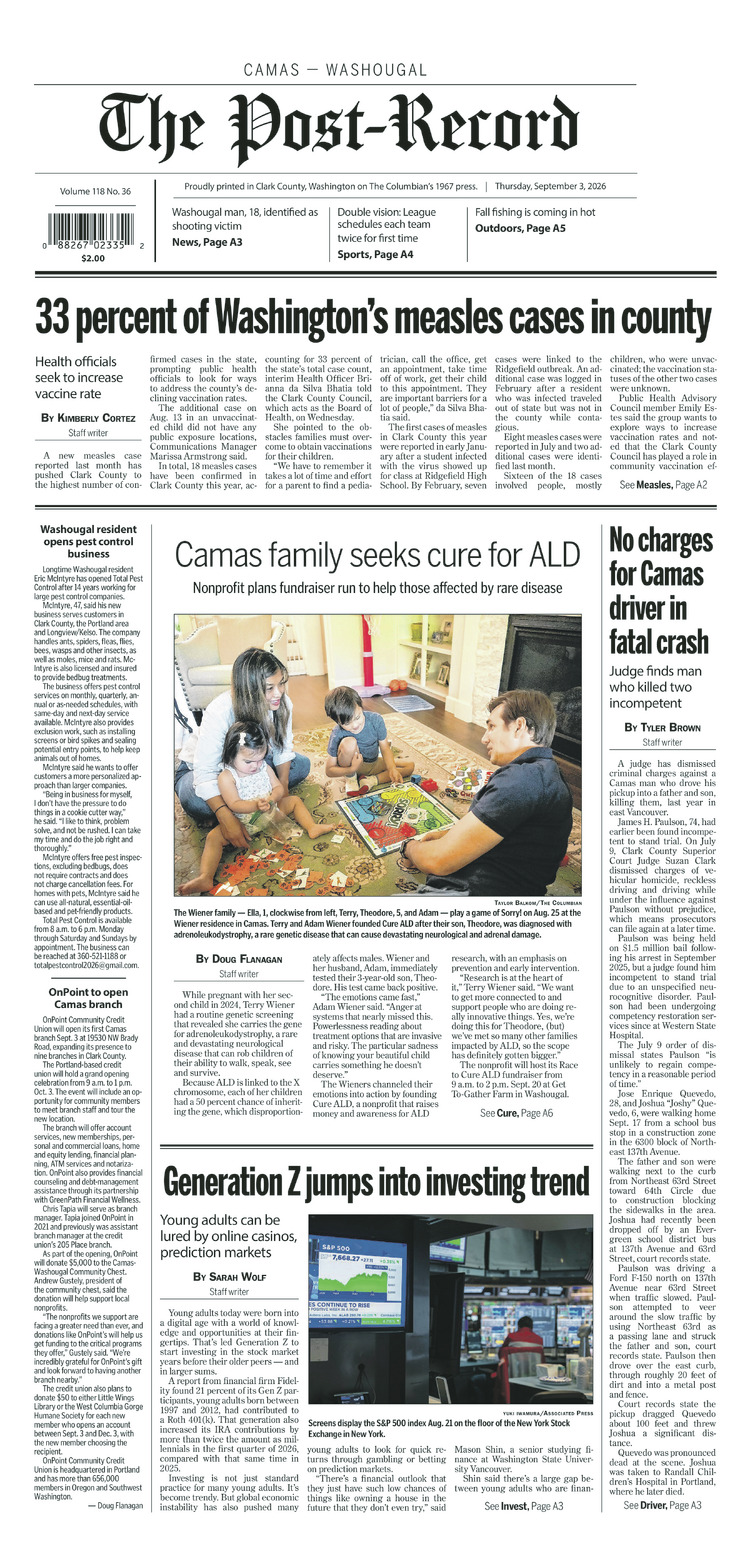 Thursday, Sep. 3rd, 2026 Camas-Washougal Post-Record newspaper front page