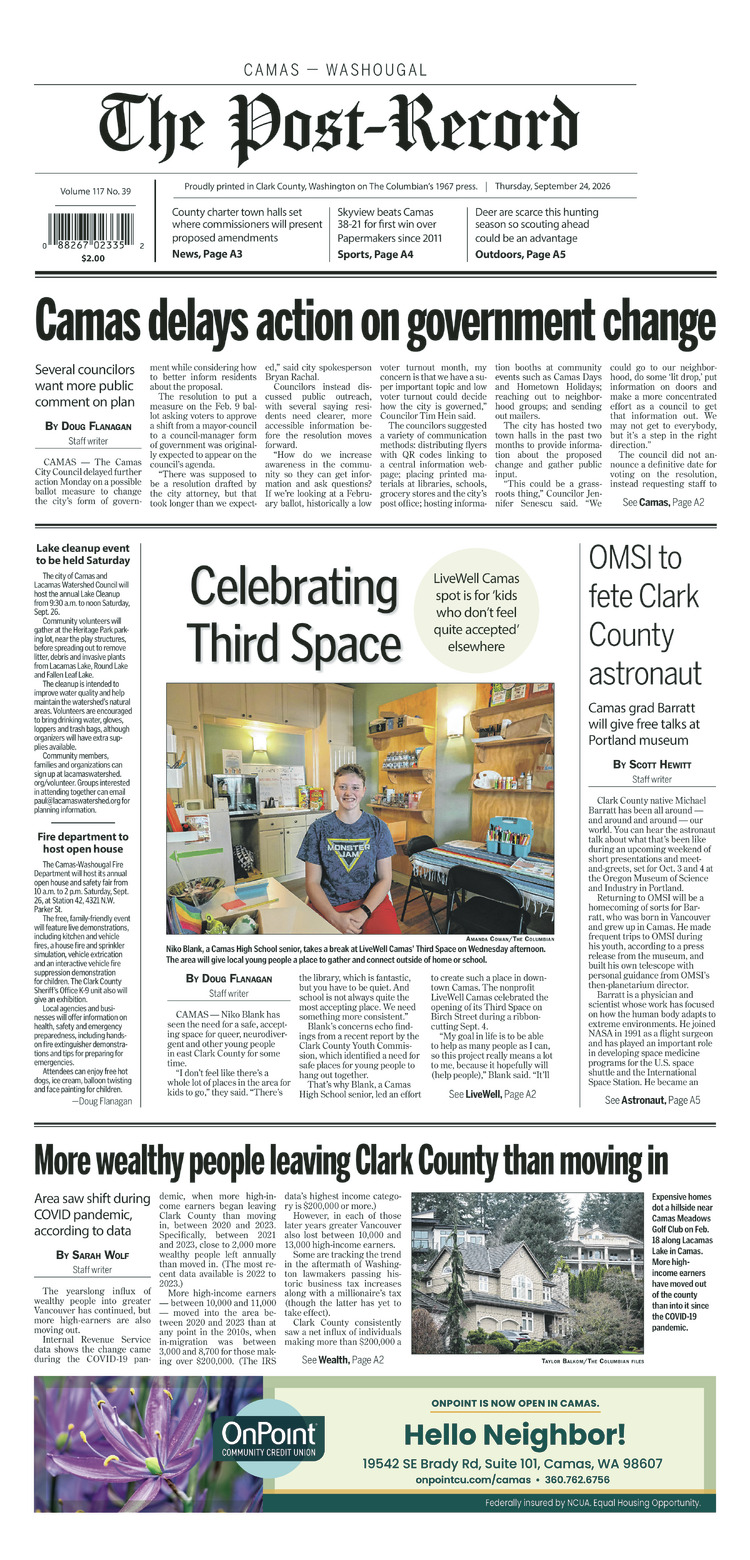 Thursday, Sep. 24th, 2026 Camas-Washougal Post-Record newspaper front page