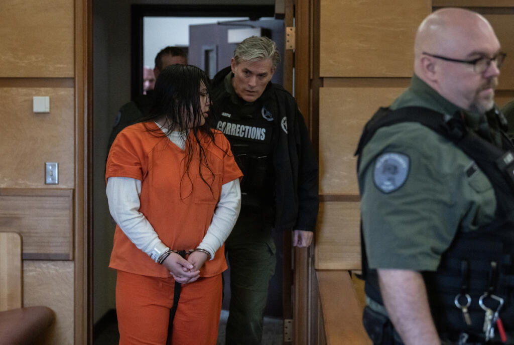 Helena Villa-Rodriguez, left, appears for sentencing in Clark County Superior Court on Wednesday afternoon. A jury convicted Villa-Rodriguez of first-degree attempted murder, first-degree assault and drive-by-shooting for shooting her former boyfriend March 21, 2024. (Amanda Cowan/The Columbian)