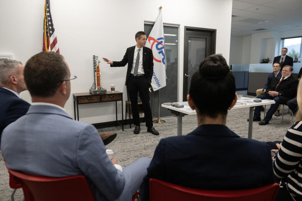 NASA Administrator Jared Isaacman speaks with fellow representatives from NASA and members of United Precision Corp., a Washougal-based aerospace manufacturer, on Thursday morning. The visit recognized the company&rsquo;s contributions to the space program. (Amanda Cowan/The Columbian)