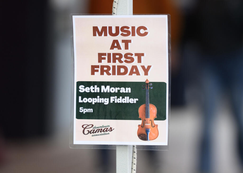A sign advertises music Sept. 4 during First Friday in downtown Camas.