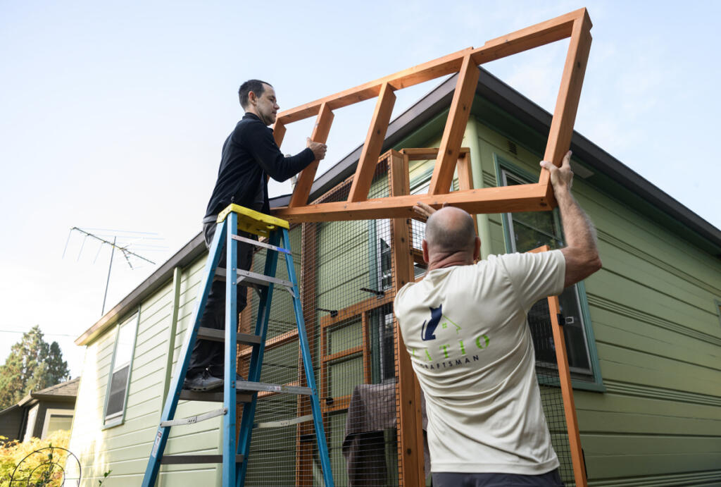 Craftsmen Jeramy Boik, left, and Michael Jaeger of Vancouver-based Catio Craftsman install a catio roof for a client Thursday in Northeast Portland. Adding a catio can help keep cats safe and reduce predation on birds and other wildlife. (Photos by Taylor Balkom/The Columbian)