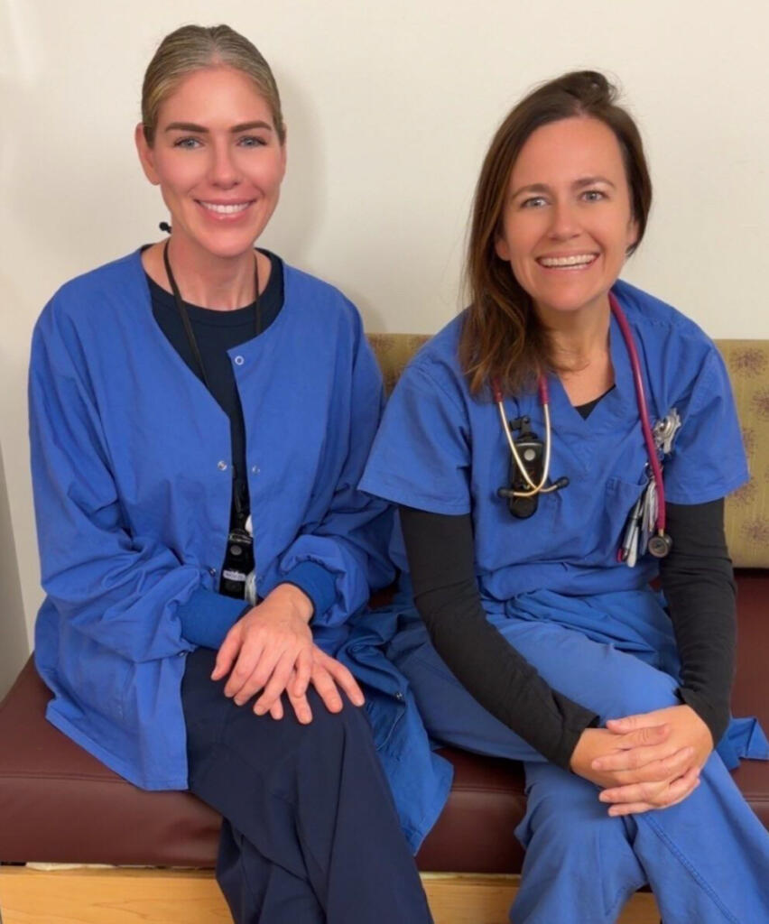 PeaceHealth Southwest Medical Center nurses Tess Mowers, left, and Meg Hutton spotted a counterfeit infant car seat last month. (Photo contributed by PeaceHealth)