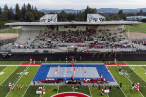 Camas and Ridgefield play in an outdoor volleyball game Friday at Doc Harris Stadium in Camas. (Taylor Balkom/The Columbian)