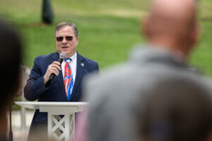 Camas Mayor Steve Hogan speaks July 2 during a ceremony reopening Crown Park in Camas. He plans to retire in 2027. (Taylor Balkom/The Columbian files)