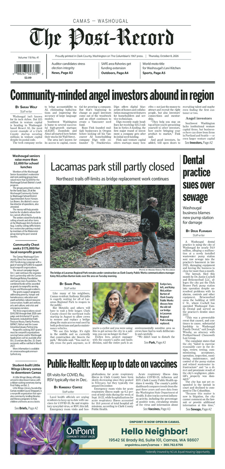 Thursday, Oct. 8th, 2026 Camas-Washougal Post-Record newspaper front page