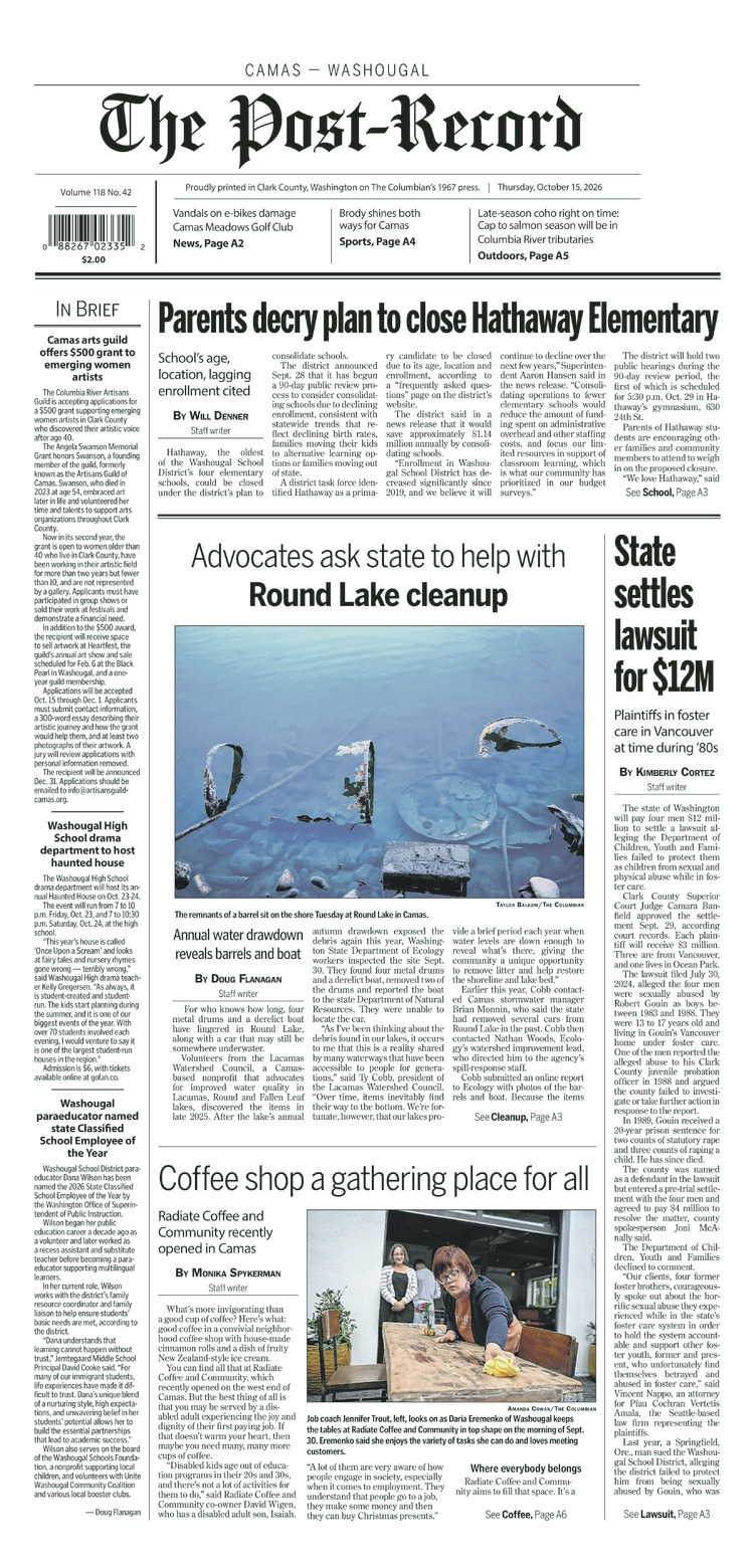 Thursday, Oct. 15th, 2026 Camas-Washougal Post-Record newspaper front page