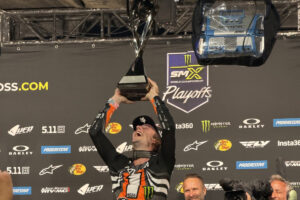 Levi Kitchen from Washougal hoists the championship trophy after winning the 250 Class title at the SuperMotocross World Championships on Saturday at Ridgedale, Mo. (Photo courtesy of the Kitchen family)