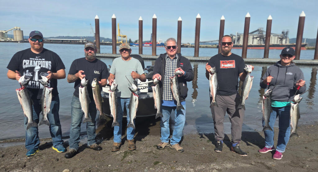 Limits all around of coho taken at the mouth of the Cowlitz River, while fishing with guide Casey Kelly of NW Columbia Fishing Adventures. Late run coho will start entering Columbia River tributaries in the weeks ahead. (Photo courtesy NW Columbia Fishing Adventures)