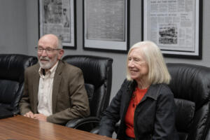 Clark Public Utilities board of commissioners candidates Gordon Matthews, left, and Jane Van Dyke meet with The Columbian&rsquo;s Editorial Board on Thursday afternoon. (Amanda Cowan/ The Columbian)