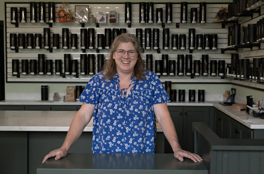 Sonya Tuter has opened up her first brick-and-mortar store, Savor & Steep, a boutique store selling loose-leaf tea and tea accoutrements. Tuter, a former bus driver, waits to greet customers Sept. 23. (Amanda Cowan/The Columbian)