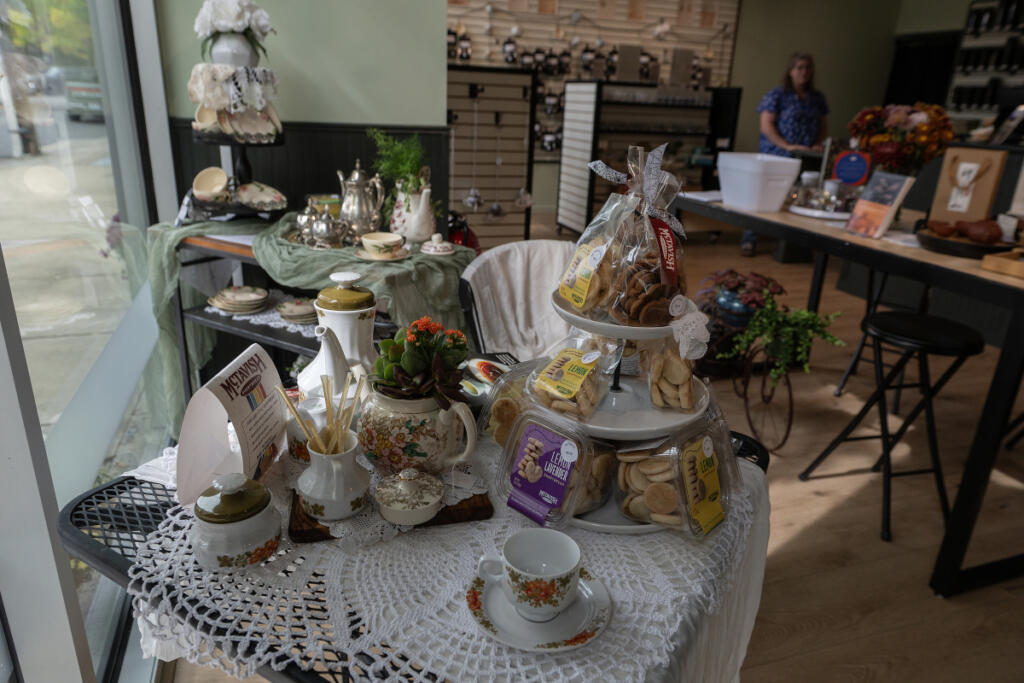 A table in the window of new Washougal tea store Savor & Steep displays merchandise. (Amanda Cowan/The Columbian)