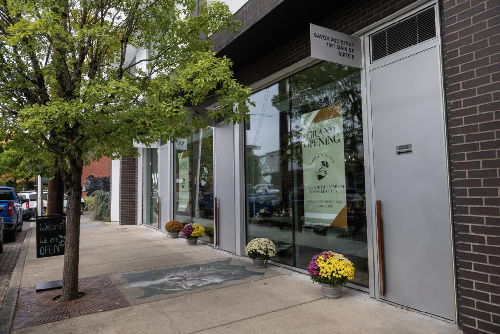 Savor & Steep tea shop, focused on loose-leaf teas and the art of tea-drinking, is centrally located on Washougal&rsquo;s Main Street, as seen Sept. 23. (Amanda Cowan/The Columbian)