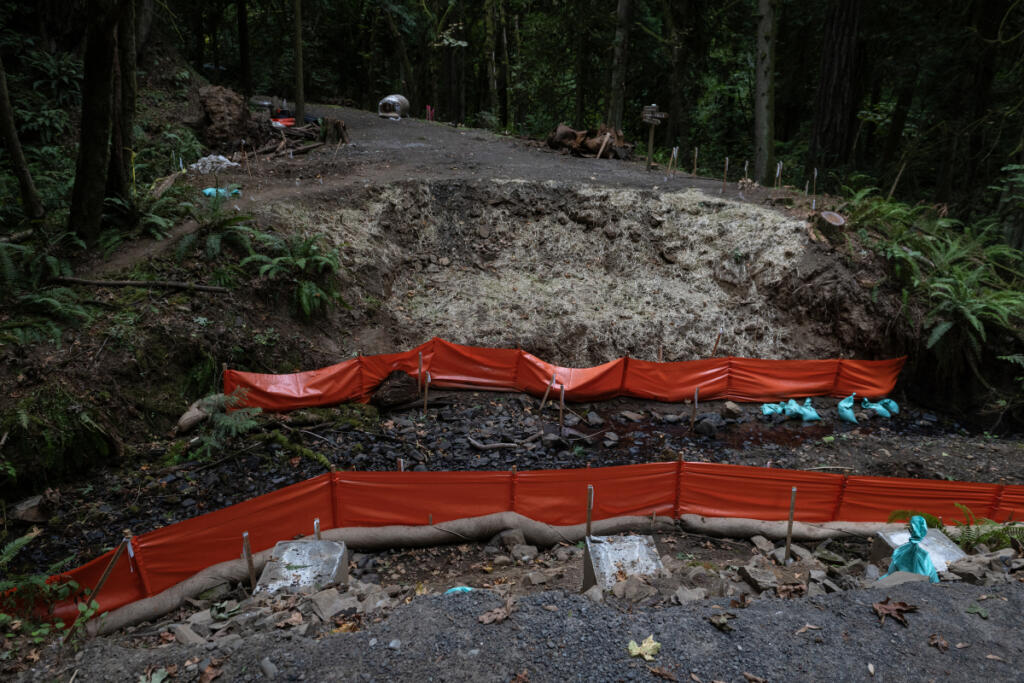 The bridge at Lacamas Regional Park is still under construction, as seen Tuesday morning. (Amanda Cowan/The Columbian)