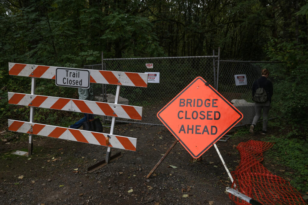 The bridge at Lacamas Regional Park is still under construction, as seen Tuesday morning.