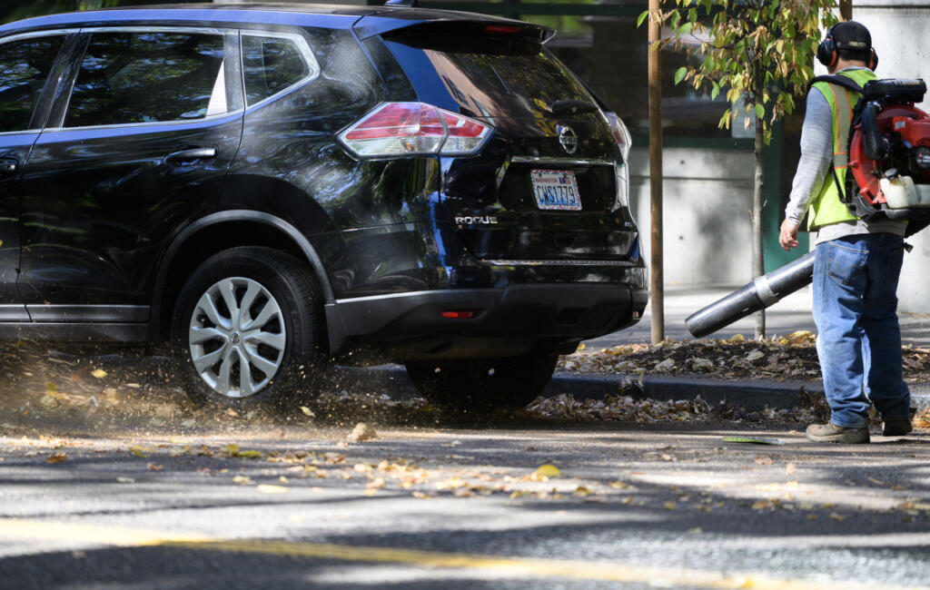 A worker uses a leaf blower Friday as seen from Esther Short Park. (Taylor Balkom/The Columbian)