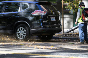 A worker uses a leaf blower Friday as seen from Esther Short Park. (Taylor Balkom/The Columbian)