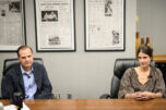Republican challenger John Braun, left, and U.S. Rep. Marie Gluesenkamp Perez, D-Skamania, listen to a question during The Columbian&rsquo;s Oct. 5 editorial board interview of the 3rd District candidates at the newspaper&rsquo;s Vancouver offices. (Taylor Balkom/The Columbian)