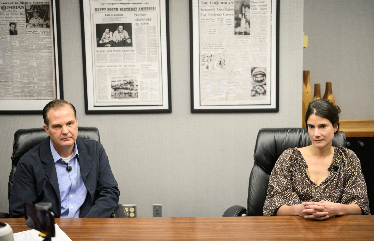 Republican challenger John Braun, left, and U.S. Rep. Marie Gluesenkamp Perez, D-Skamania, listen to a question during The Columbian&rsquo;s Oct. 5 editorial board interview of the 3rd District candidates at the newspaper&rsquo;s Vancouver offices. (Taylor Balkom/The Columbian)