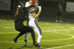 Camas receiver Luke Parbon, right, hauls in a catch while Brandon Kelo of Battle Ground defends during a Class 4A Greater St. Helens League football game on Friday, Oct. 2, 2026 at District Stadium in Battle Ground. (Micah Rice/The Columbian)