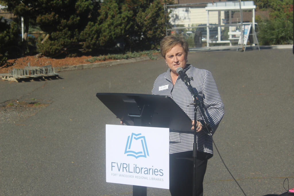 FVRLibraries Executive Director Jennifer Giltrop speaks during a Thursday groundbreaking ceremony for the new Washougal library. (Doug Flanagan/The Columbian)