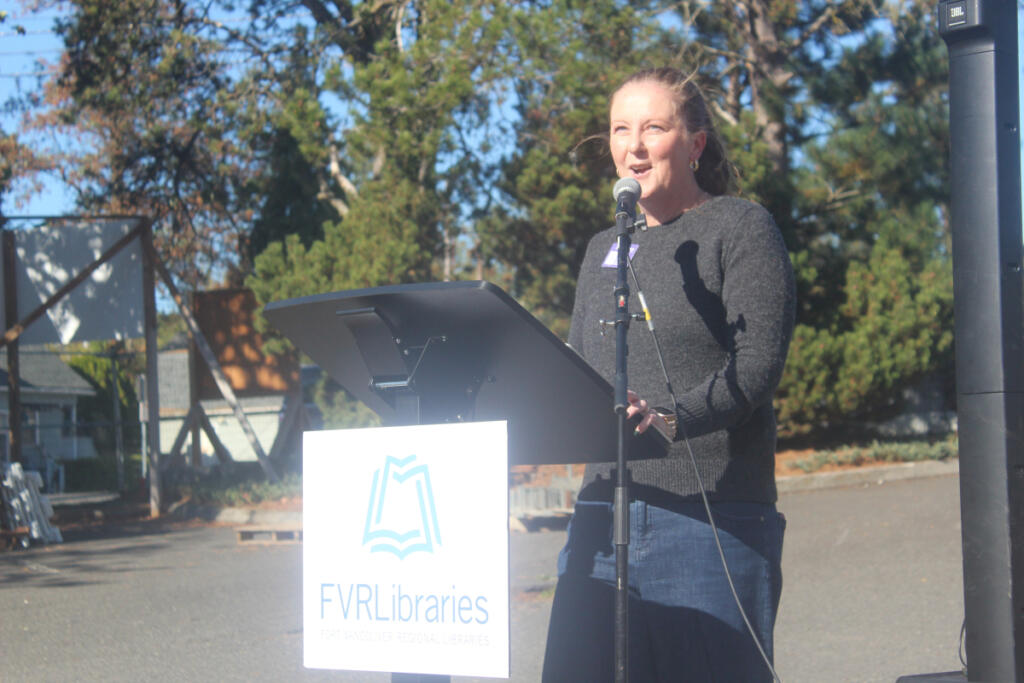 Jennifer Wilkerson, the executive director of the Fort Vancouver Regional Library Foundation, speaks during Thursday&rsquo;s groundbreaking ceremony for the new Washougal library. (Doug Flanagan/The Columbian)