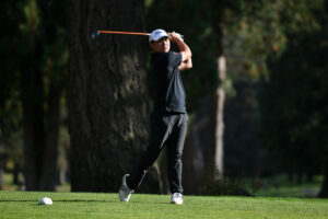 Ryker Jun of Camas hits a tee shot on the No. 18 hole at Lewis River Golf Club on Tuesday during the 4A Greater St. Helens League boys golf district tournament. He would win by one stroke. (Tim Martinez/The Columbian)