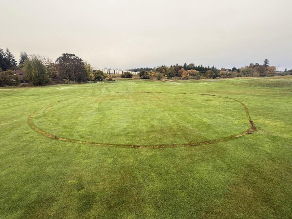 Vandals on e-bikes damaged fairways, greens and bunkers at Camas Meadows Golf Club overnight Saturday, according to a post on the club&rsquo;s Facebook page. (Photos contributed by Camas Meadows Golf Club)