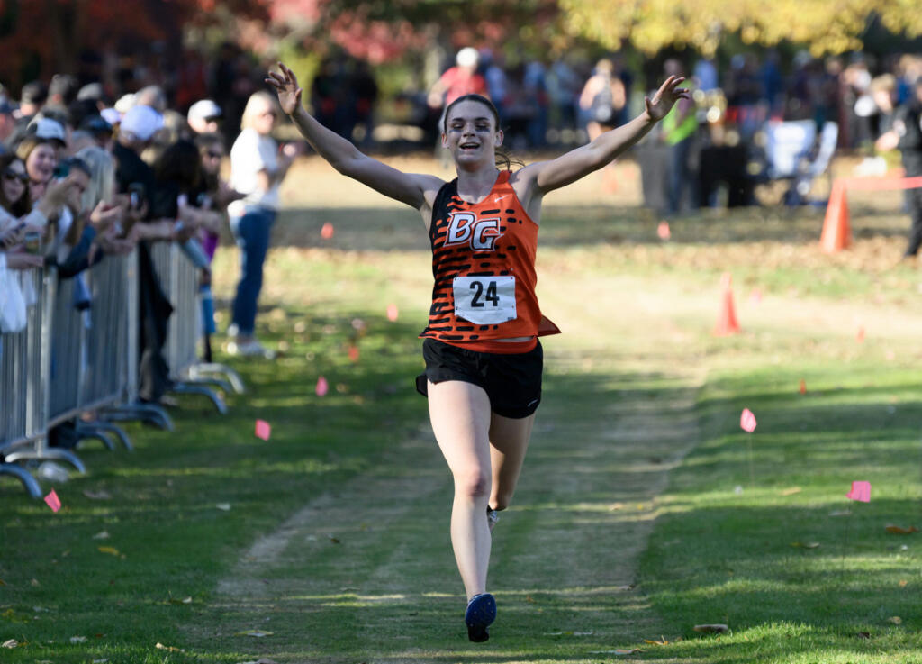 Battle Ground senior Sophia Rogers wins the girls race Wednesday, Oct. 1, 2026, during the 4A GSHL District Meet at UL Campus in Camas. (Taylor Balkom/The Columbian)