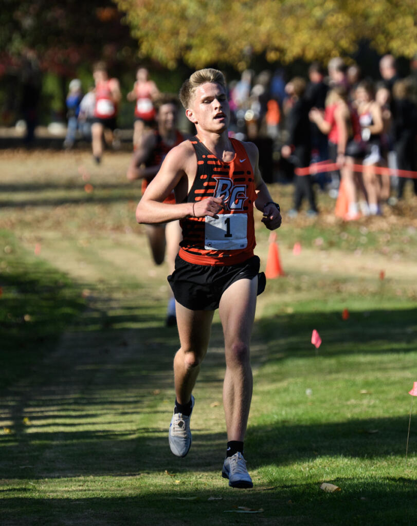 Battle Ground senior Trae Copper wins the boys race Wednesday, Oct. 1, 2026, during the 4A GSHL District Meet at UL Campus in Camas. (Taylor Balkom/The Columbian)