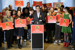 Gov. Bob Ferguson speaks Thursday during a rally at Fourth Plain Community Commons urging Vancouver voters to vote no on Initiative 645. The initiative would repeal the income tax passed earlier this year by state lawmakers. (Photos by Taylor Balkom/The Columbian)